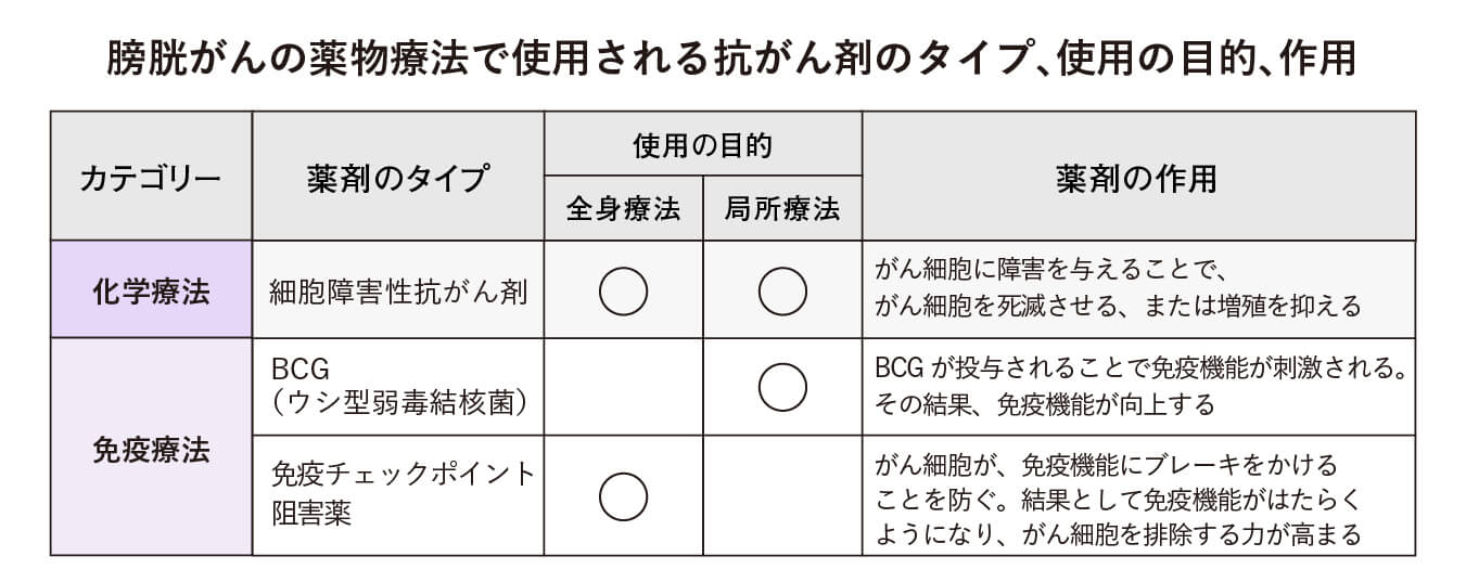 膀胱がんの薬物療法で使用される抗がん剤のタイプ、使用の目的、作用